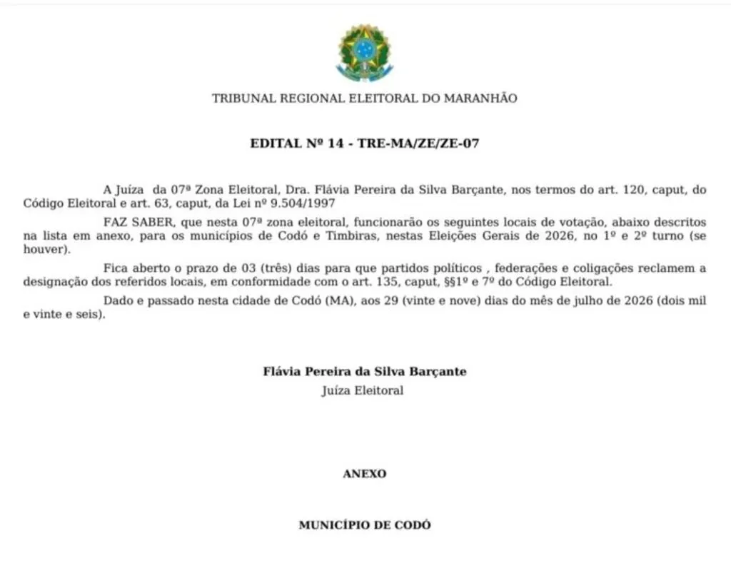 VEJA A LISTA OFICIAL dos locais de votação 2026 para Codó e Timbiras